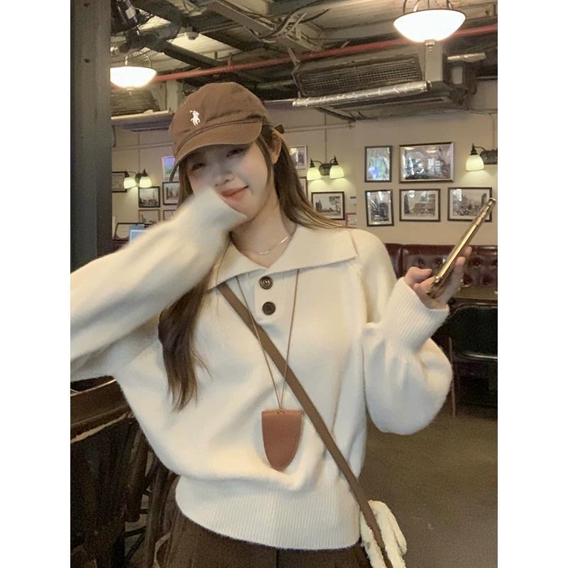 Női polo galléros pulóver viszkóz anyagból, lazított szabás, hosszú ujjú, utcai stílus