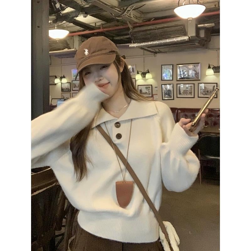 Női polo galléros pulóver viszkóz anyagból, lazított szabás, hosszú ujjú, utcai stílus