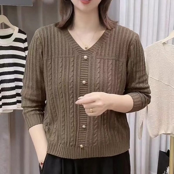 Ženski pulover širokog kroja s V-izrezom, twist-knit prozračan uzorak, nylon core-spun vlakno