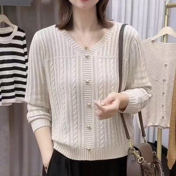 Ženski pulover širokog kroja s V-izrezom, twist-knit prozračan uzorak, nylon core-spun vlakno