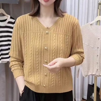 Ženski pulover širokog kroja s V-izrezom, twist-knit prozračan uzorak, nylon core-spun vlakno