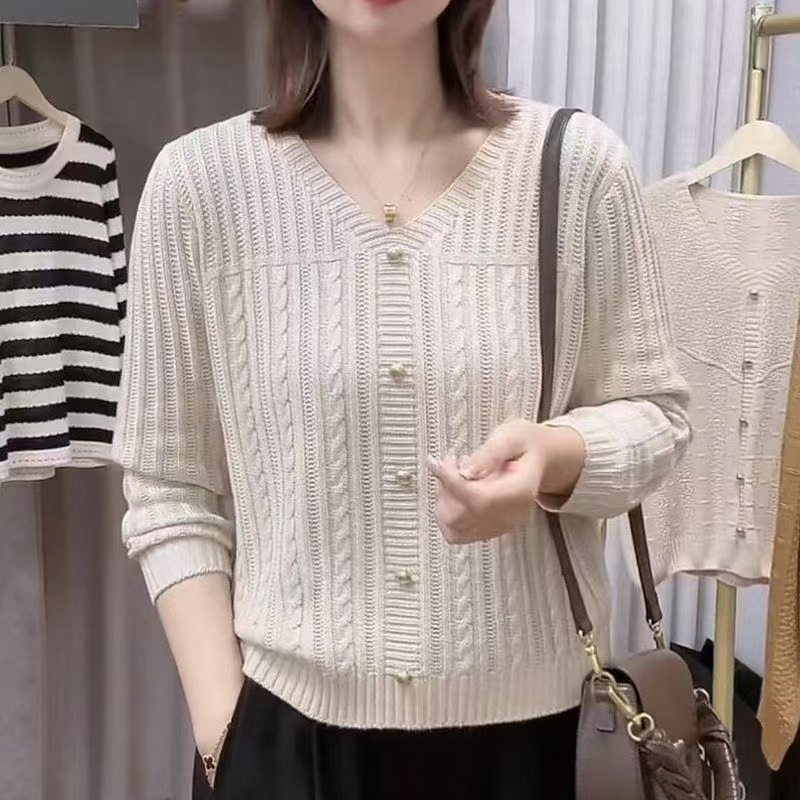 Ženski pulover širokog kroja s V-izrezom, twist-knit prozračan uzorak, nylon core-spun vlakno