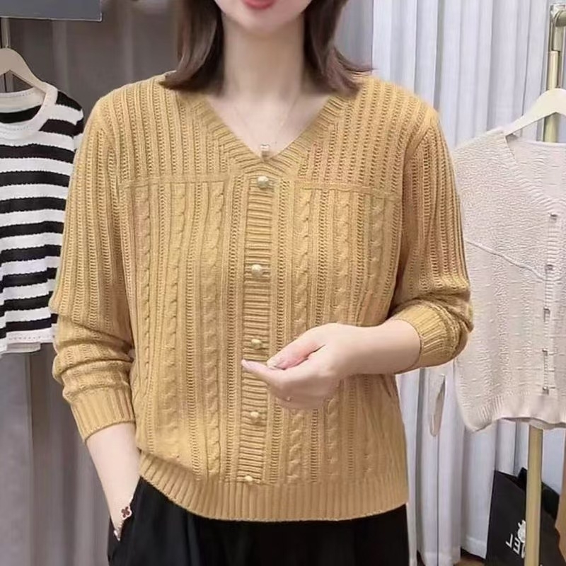 Ženski pulover širokog kroja s V-izrezom, twist-knit prozračan uzorak, nylon core-spun vlakno