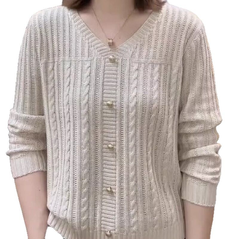 Ženski pulover širokog kroja s V-izrezom, twist-knit prozračan uzorak, nylon core-spun vlakno