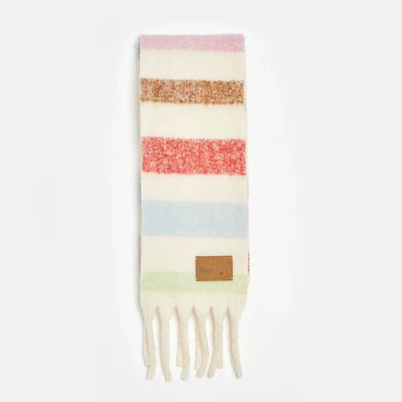 Вълнен микс шал с райета и пискюли, винтидж литературен стил, зимен 2025, антистатичен и топъл