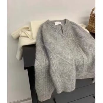 Kapucija debeli pleteni pulover s V-izrezom, dugi rukavi, slobodan kroj