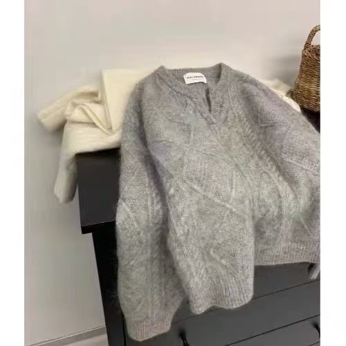 Kapucija debeli pleteni pulover s V-izrezom, dugi rukavi, slobodan kroj