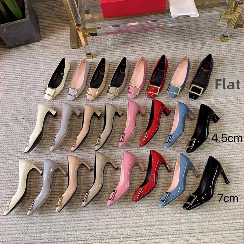 Дамски обувки с квадратна катарама, лакована кожа, квадратен нос, дебел ток 6–8 см, Slip-On, гумена подметка