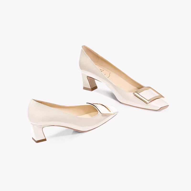 Дамски обувки с квадратна катарама, лакована кожа, квадратен нос, дебел ток 6–8 см, Slip-On, гумена подметка