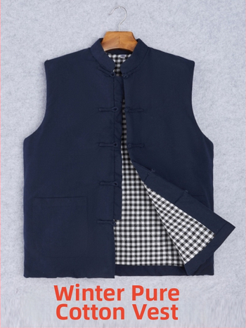 Ανδρικό γιλέκο από βαμβάκι, κινεζικό στυλ, χαλαρή γραμμή, βαμβακερό ύφασμα και επένδυση, τσέπες με τρισδιάστατα patch, καθημερινό χειμερινό ένδυμα, Χειμώνας 2024