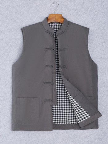 Ανδρικό γιλέκο από βαμβάκι, κινεζικό στυλ, χαλαρή γραμμή, βαμβακερό ύφασμα και επένδυση, τσέπες με τρισδιάστατα patch, καθημερινό χειμερινό ένδυμα, Χειμώνας 2024