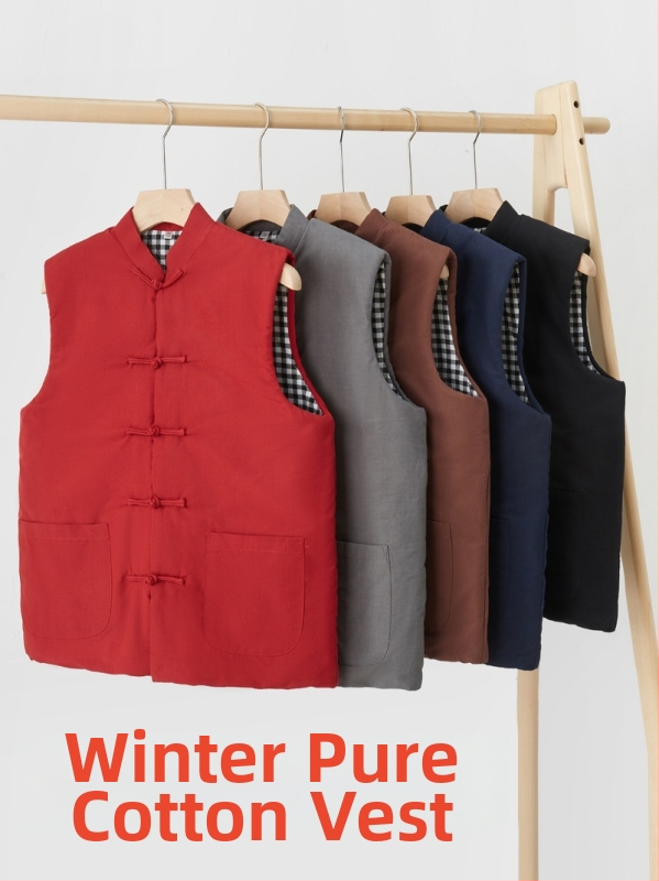 Ανδρικό γιλέκο από βαμβάκι, κινεζικό στυλ, χαλαρή γραμμή, βαμβακερό ύφασμα και επένδυση, τσέπες με τρισδιάστατα patch, καθημερινό χειμερινό ένδυμα, Χειμώνας 2024