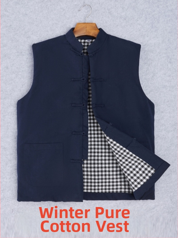 Pánska bavlnená vesta v čínskom štýle, voľný strih, bavlna látka a podšívka, trojrozmerné vrecká na patch, bežné zimné oblečenie, Zima 2024