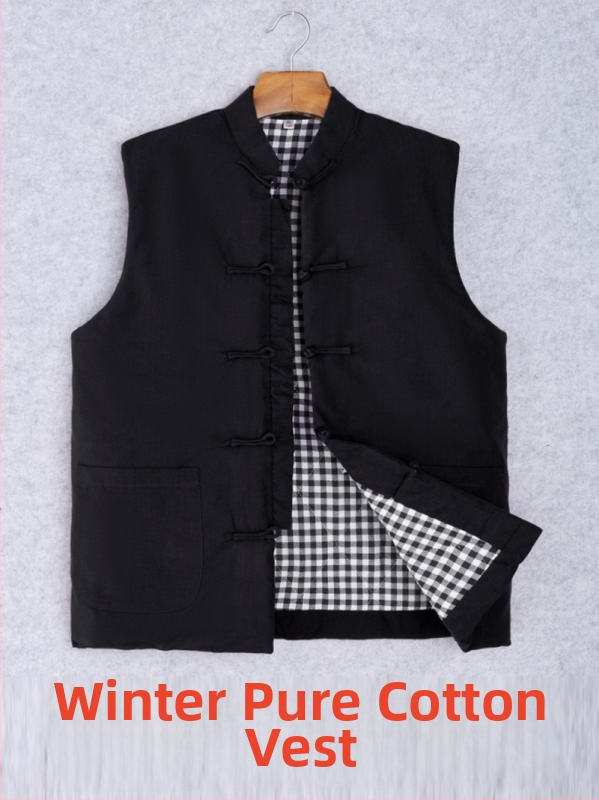 Pánska bavlnená vesta v čínskom štýle, voľný strih, bavlna látka a podšívka, trojrozmerné vrecká na patch, bežné zimné oblečenie, Zima 2024