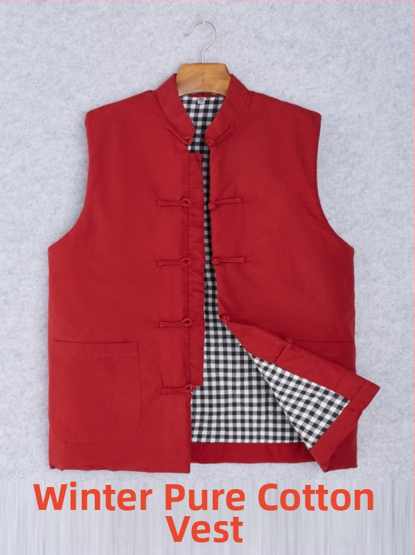 Pánska bavlnená vesta v čínskom štýle, voľný strih, bavlna látka a podšívka, trojrozmerné vrecká na patch, bežné zimné oblečenie, Zima 2024