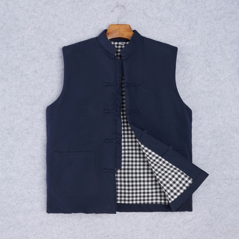 Ανδρικό γιλέκο από βαμβάκι, κινεζικό στυλ, χαλαρή γραμμή, βαμβακερό ύφασμα και επένδυση, τσέπες με τρισδιάστατα patch, καθημερινό χειμερινό ένδυμα, Χειμώνας 2024