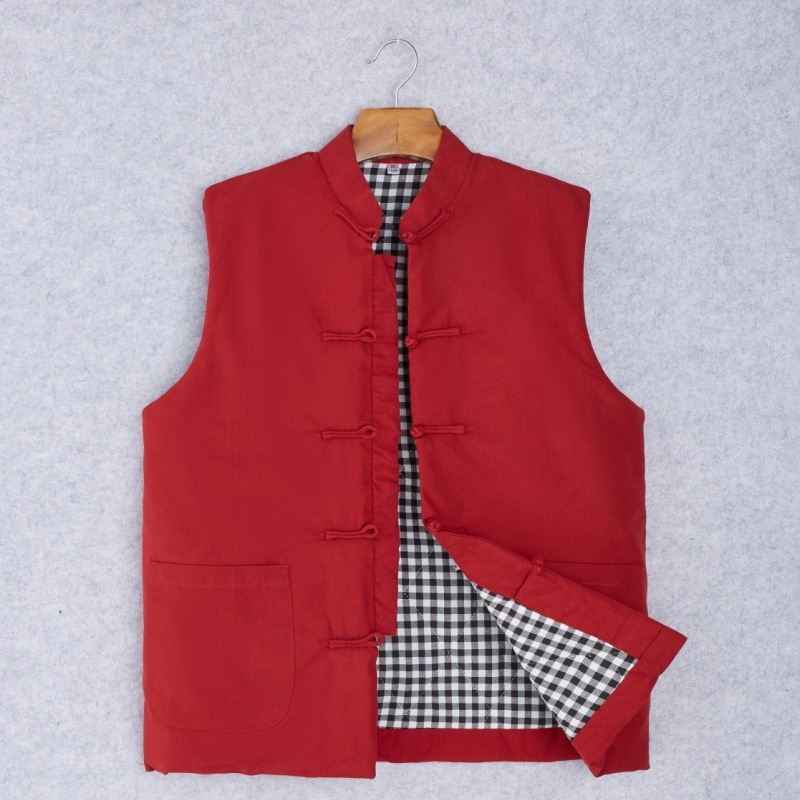 Ανδρικό γιλέκο από βαμβάκι, κινεζικό στυλ, χαλαρή γραμμή, βαμβακερό ύφασμα και επένδυση, τσέπες με τρισδιάστατα patch, καθημερινό χειμερινό ένδυμα, Χειμώνας 2024