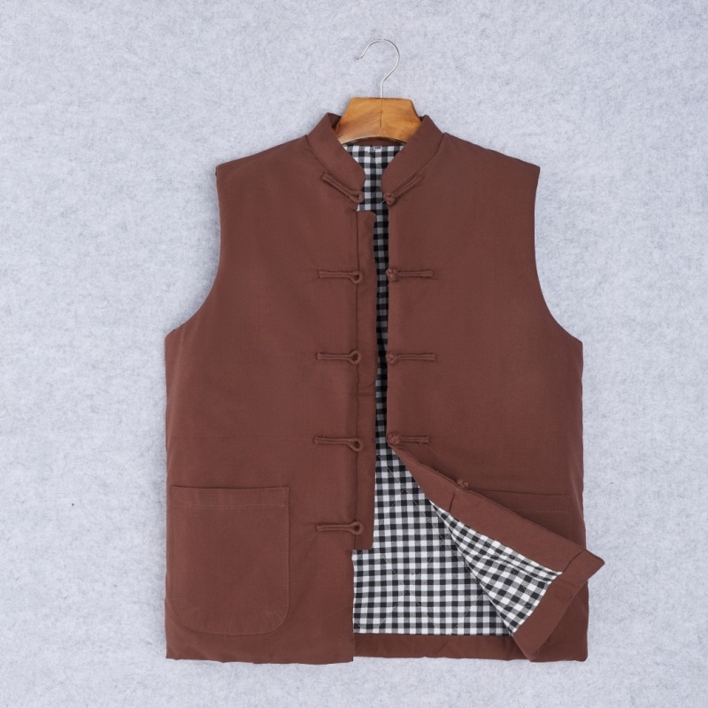 Ανδρικό γιλέκο από βαμβάκι, κινεζικό στυλ, χαλαρή γραμμή, βαμβακερό ύφασμα και επένδυση, τσέπες με τρισδιάστατα patch, καθημερινό χειμερινό ένδυμα, Χειμώνας 2024