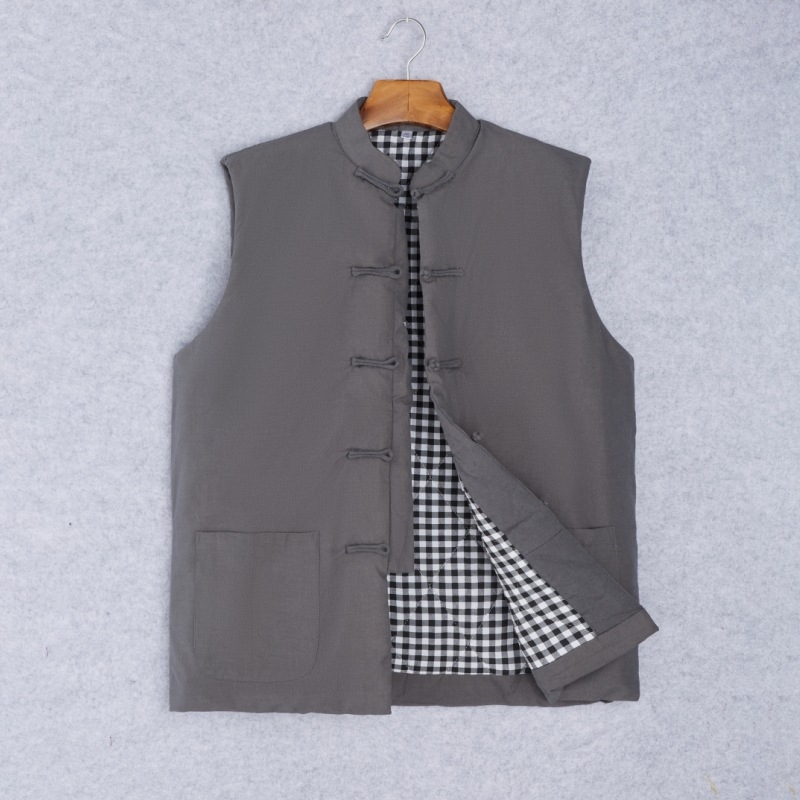Ανδρικό γιλέκο από βαμβάκι, κινεζικό στυλ, χαλαρή γραμμή, βαμβακερό ύφασμα και επένδυση, τσέπες με τρισδιάστατα patch, καθημερινό χειμερινό ένδυμα, Χειμώνας 2024