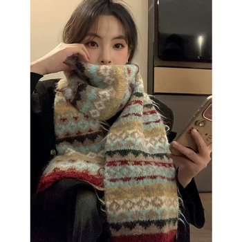Ženski šal za vrat u korejskom stilu s retro Fair Isle uzorkom, debeli pleteni šalom za zimu (Način tkanja: warp knitting; Sastav tkanine: vunena smjesa; Sezona: zima; Srednja duljina)
