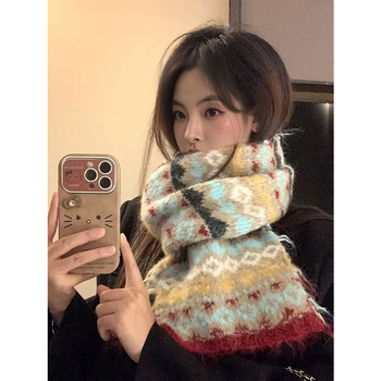 Ženski šal za vrat u korejskom stilu s retro Fair Isle uzorkom, debeli pleteni šalom za zimu (Način tkanja: warp knitting; Sastav tkanine: vunena smjesa; Sezona: zima; Srednja duljina)