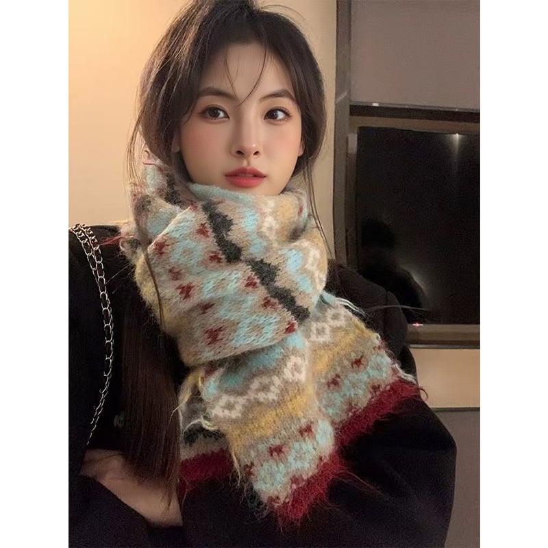 Ženski šal za vrat u korejskom stilu s retro Fair Isle uzorkom, debeli pleteni šalom za zimu (Način tkanja: warp knitting; Sastav tkanine: vunena smjesa; Sezona: zima; Srednja duljina)