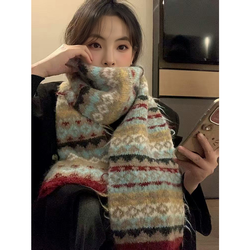 Ženski šal za vrat u korejskom stilu s retro Fair Isle uzorkom, debeli pleteni šalom za zimu (Način tkanja: warp knitting; Sastav tkanine: vunena smjesa; Sezona: zima; Srednja duljina)