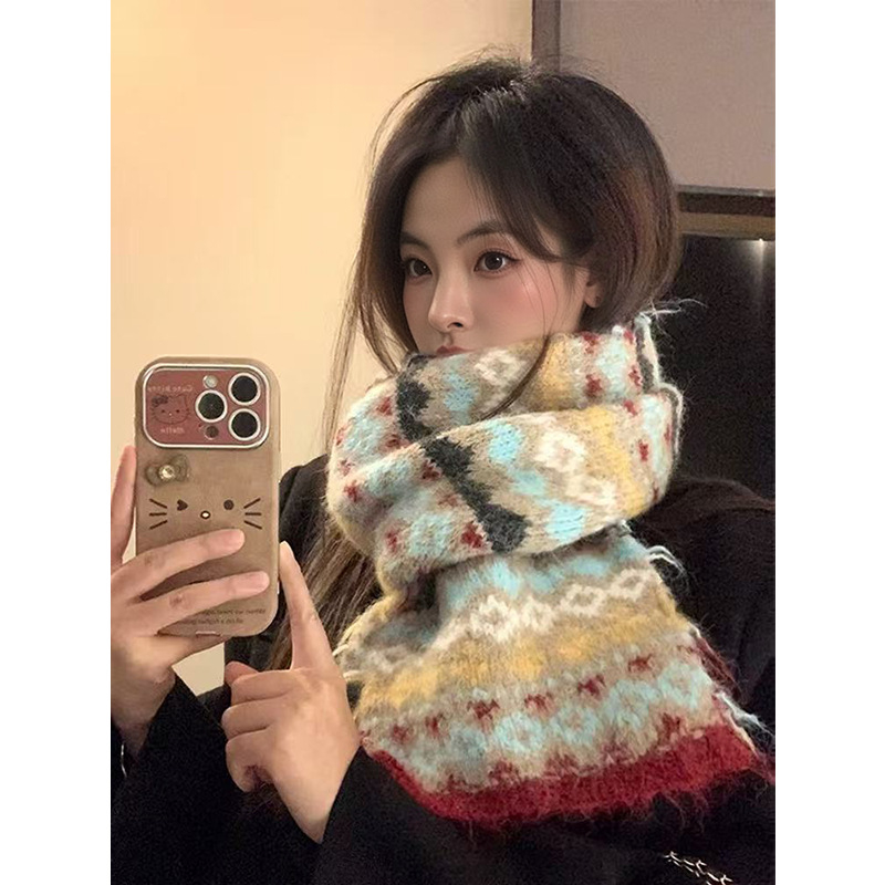 Ženski šal za vrat u korejskom stilu s retro Fair Isle uzorkom, debeli pleteni šalom za zimu (Način tkanja: warp knitting; Sastav tkanine: vunena smjesa; Sezona: zima; Srednja duljina)
