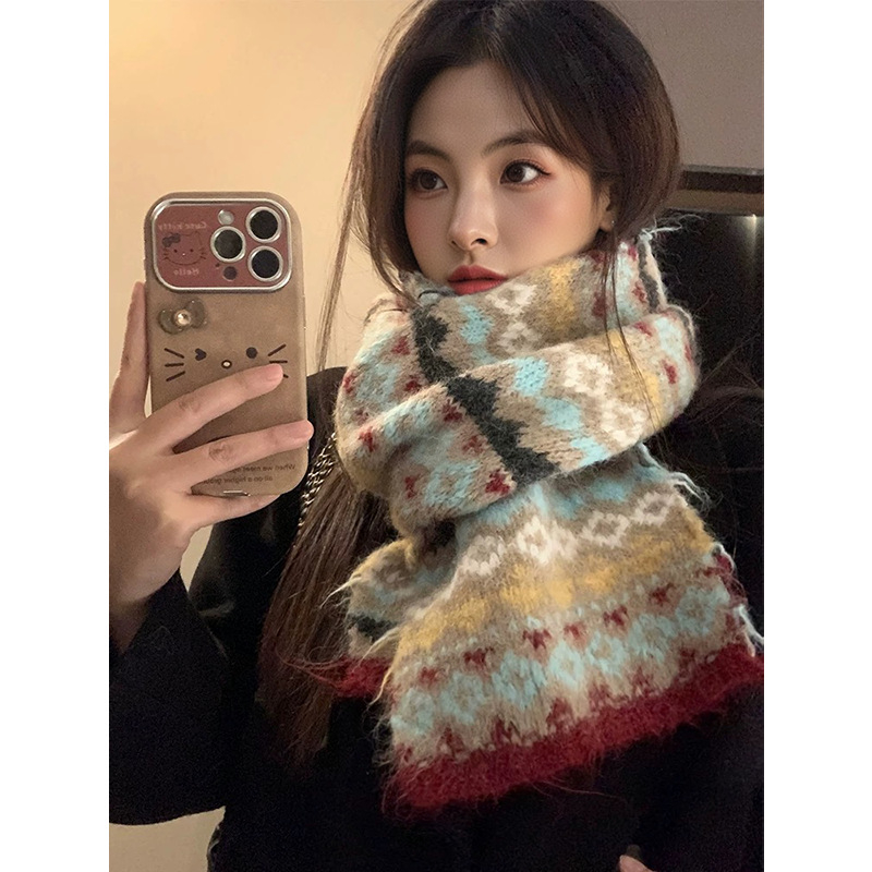 Ženski šal za vrat u korejskom stilu s retro Fair Isle uzorkom, debeli pleteni šalom za zimu (Način tkanja: warp knitting; Sastav tkanine: vunena smjesa; Sezona: zima; Srednja duljina)