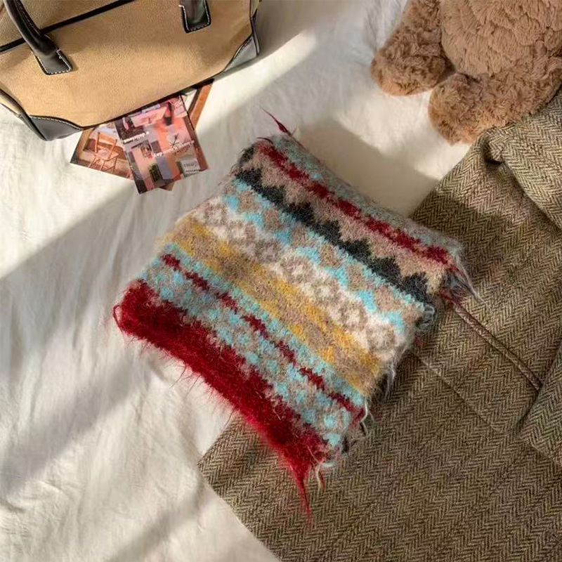 Ženski šal za vrat u korejskom stilu s retro Fair Isle uzorkom, debeli pleteni šalom za zimu (Način tkanja: warp knitting; Sastav tkanine: vunena smjesa; Sezona: zima; Srednja duljina)