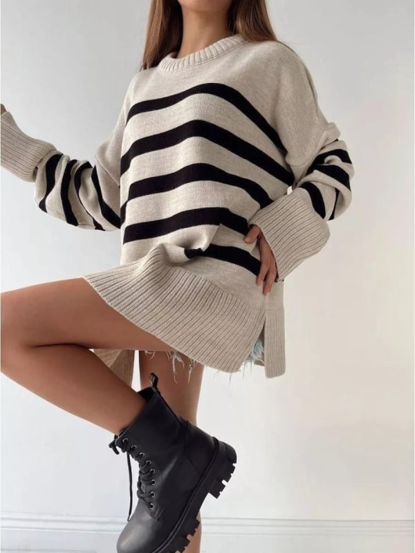 Ženski pleteni pulover, slobodan kroj, okrugli izrez, dugi rukavi, srednja duljina, mješavina akrila-poliester-nylon