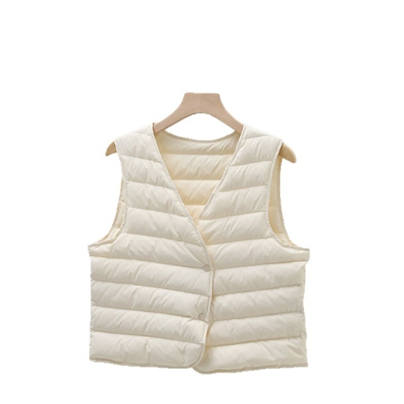 Ženska down vesta s guščjim puhom 86–90%, najlon tkanina, uski kroj, V-izrez, kratka duljina