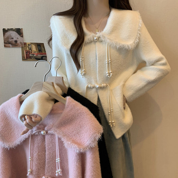 Női kötött kardigán babaarcú gallérral, hosszú ujjú, közepes vastagságú poliészter-elasztán keverék