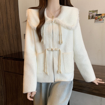 Női kötött kardigán babaarcú gallérral, hosszú ujjú, közepes vastagságú poliészter-elasztán keverék