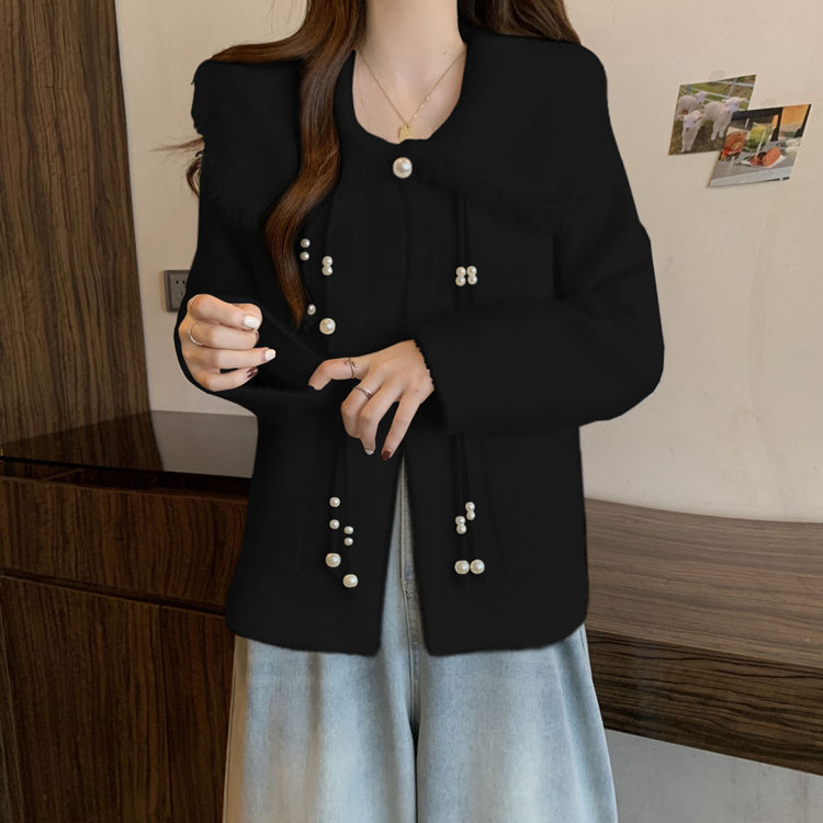 Női kötött kardigán babaarcú gallérral, hosszú ujjú, közepes vastagságú poliészter-elasztán keverék