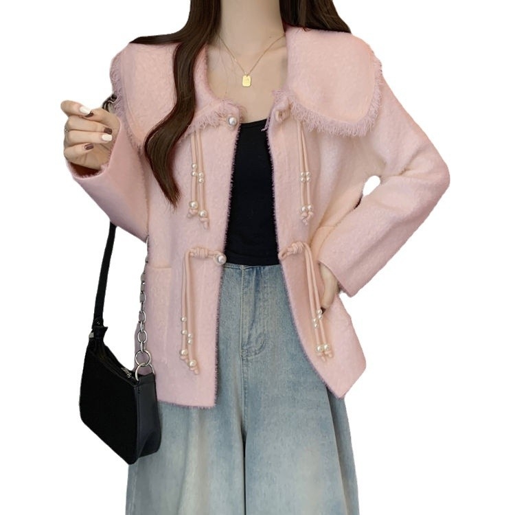 Női kötött kardigán babaarcú gallérral, hosszú ujjú, közepes vastagságú poliészter-elasztán keverék