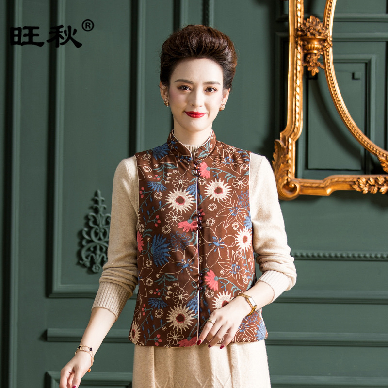 Жилет от полиестер с копринен пълнеж, ретро стил, полу-висока яка, геометричен модел