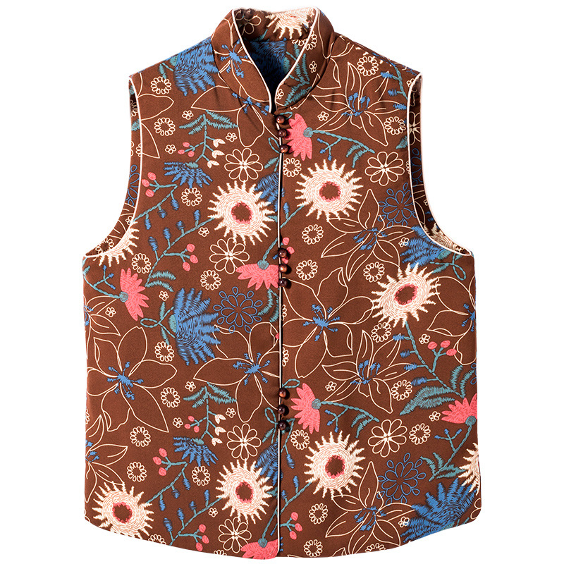 Жилет от полиестер с копринен пълнеж, ретро стил, полу-висока яка, геометричен модел