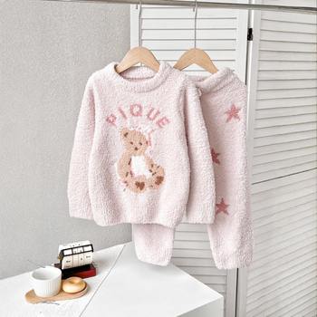 Set pijama pentru copii, imprimeu desen animat, material semi-catifelat, 100% poliester, gros, menține căldura, pentru iarnă, pentru vârsta 3–8 ani