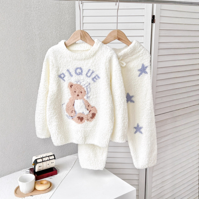 Set pijama pentru copii, imprimeu desen animat, material semi-catifelat, 100% poliester, gros, menține căldura, pentru iarnă, pentru vârsta 3–8 ani