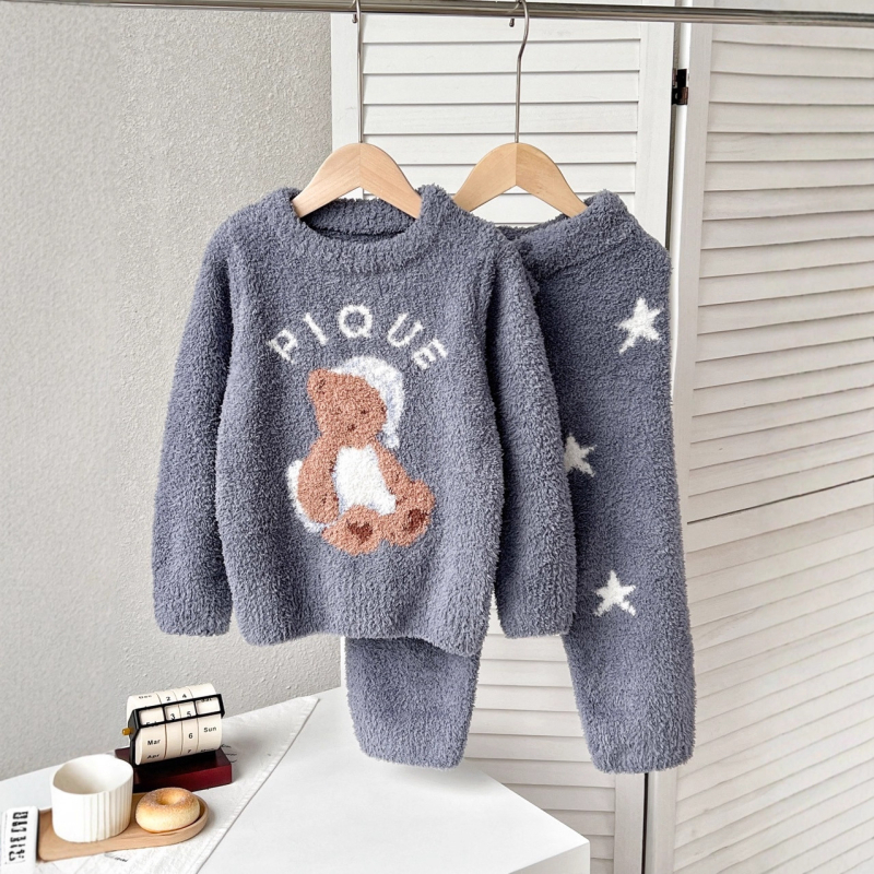 Set pijama pentru copii, imprimeu desen animat, material semi-catifelat, 100% poliester, gros, menține căldura, pentru iarnă, pentru vârsta 3–8 ani