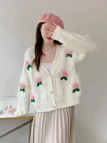 Ženski kardigan od pletene s umjetnim norkovim krznom, labav kroj, cvjetni uzorak, V-izrez, dugi rukav