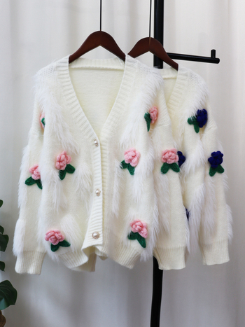 Ženski kardigan od pletene s umjetnim norkovim krznom, labav kroj, cvjetni uzorak, V-izrez, dugi rukav