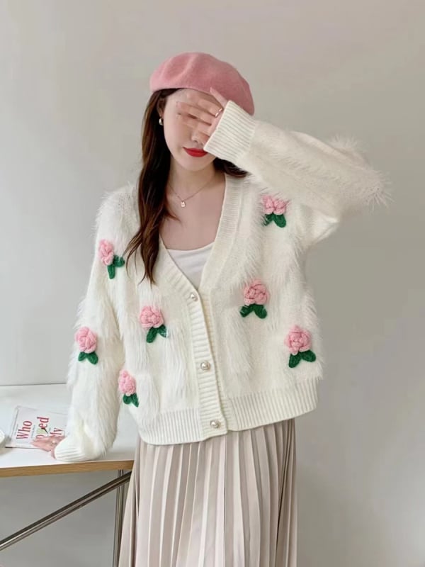 Ženski kardigan od pletene s umjetnim norkovim krznom, labav kroj, cvjetni uzorak, V-izrez, dugi rukav