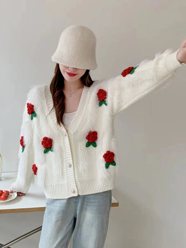 Ženski kardigan od pletene s umjetnim norkovim krznom, labav kroj, cvjetni uzorak, V-izrez, dugi rukav