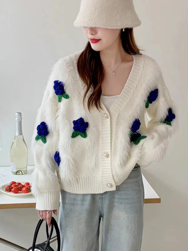 Ženski kardigan od pletene s umjetnim norkovim krznom, labav kroj, cvjetni uzorak, V-izrez, dugi rukav