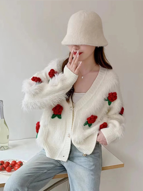 Ženski kardigan od pletene s umjetnim norkovim krznom, labav kroj, cvjetni uzorak, V-izrez, dugi rukav