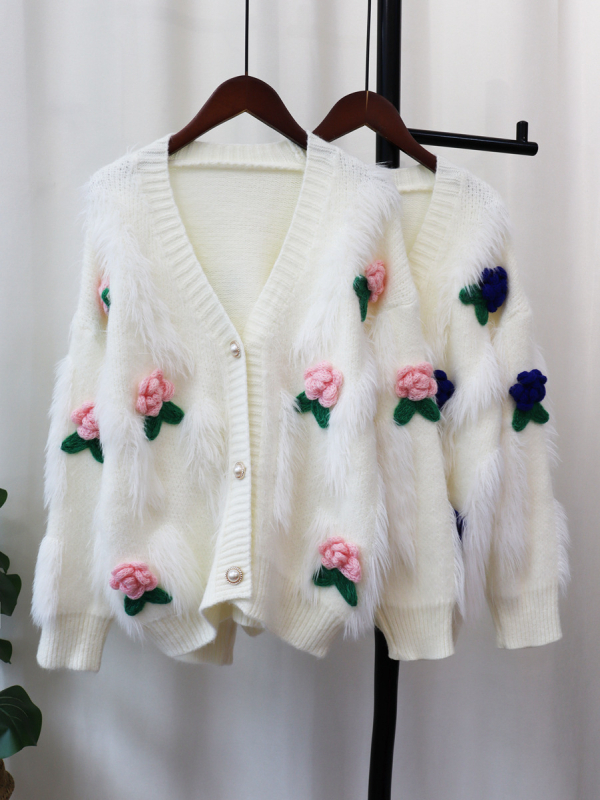 Ženski kardigan od pletene s umjetnim norkovim krznom, labav kroj, cvjetni uzorak, V-izrez, dugi rukav