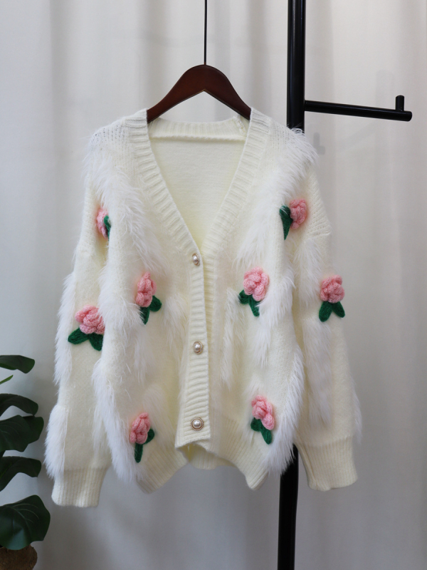 Ženski kardigan od pletene s umjetnim norkovim krznom, labav kroj, cvjetni uzorak, V-izrez, dugi rukav