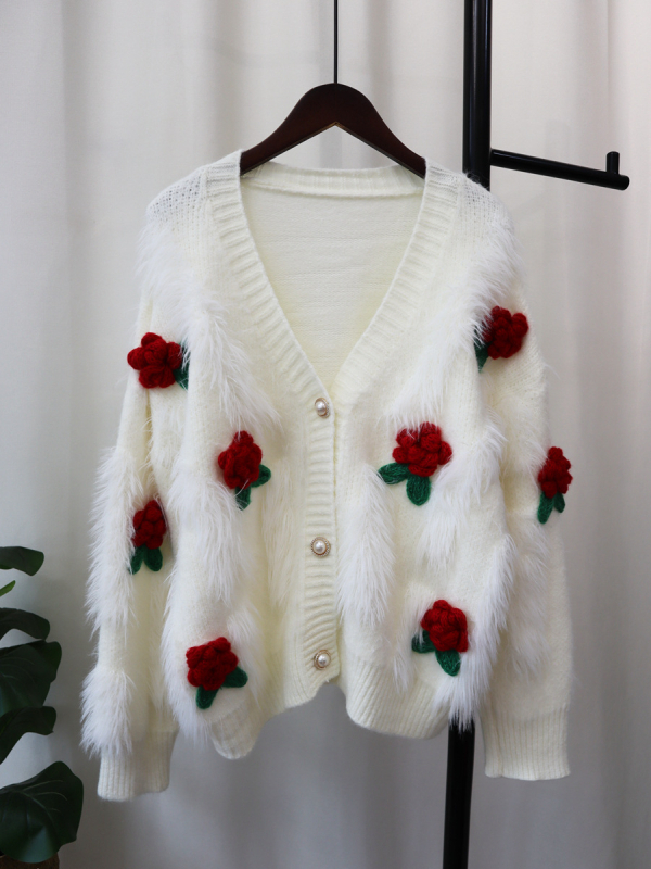 Ženski kardigan od pletene s umjetnim norkovim krznom, labav kroj, cvjetni uzorak, V-izrez, dugi rukav